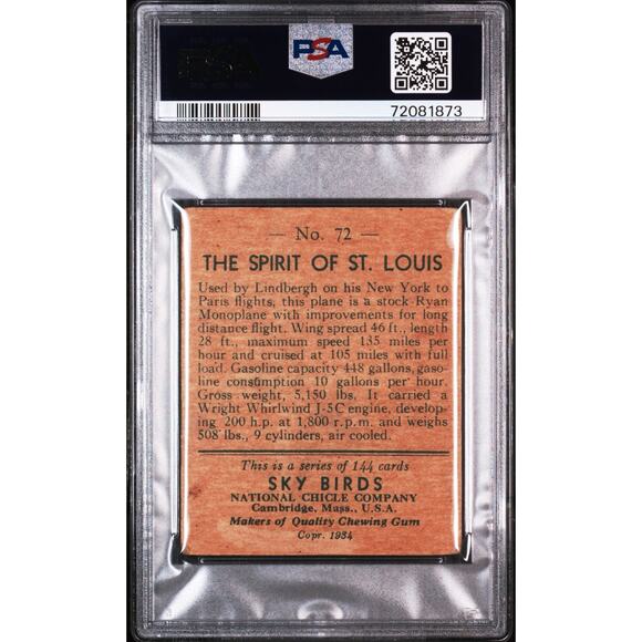 1934 National Chicle Spirit of St. Louis Charles Lindbergh PSA 2 Sky Birds Plane - Picture 3 of 3